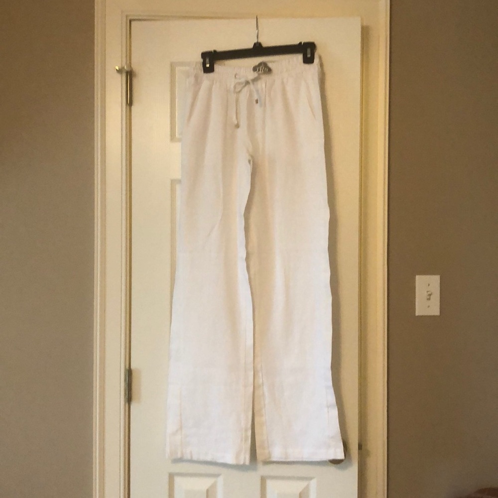 White 55% linen drawstring pants